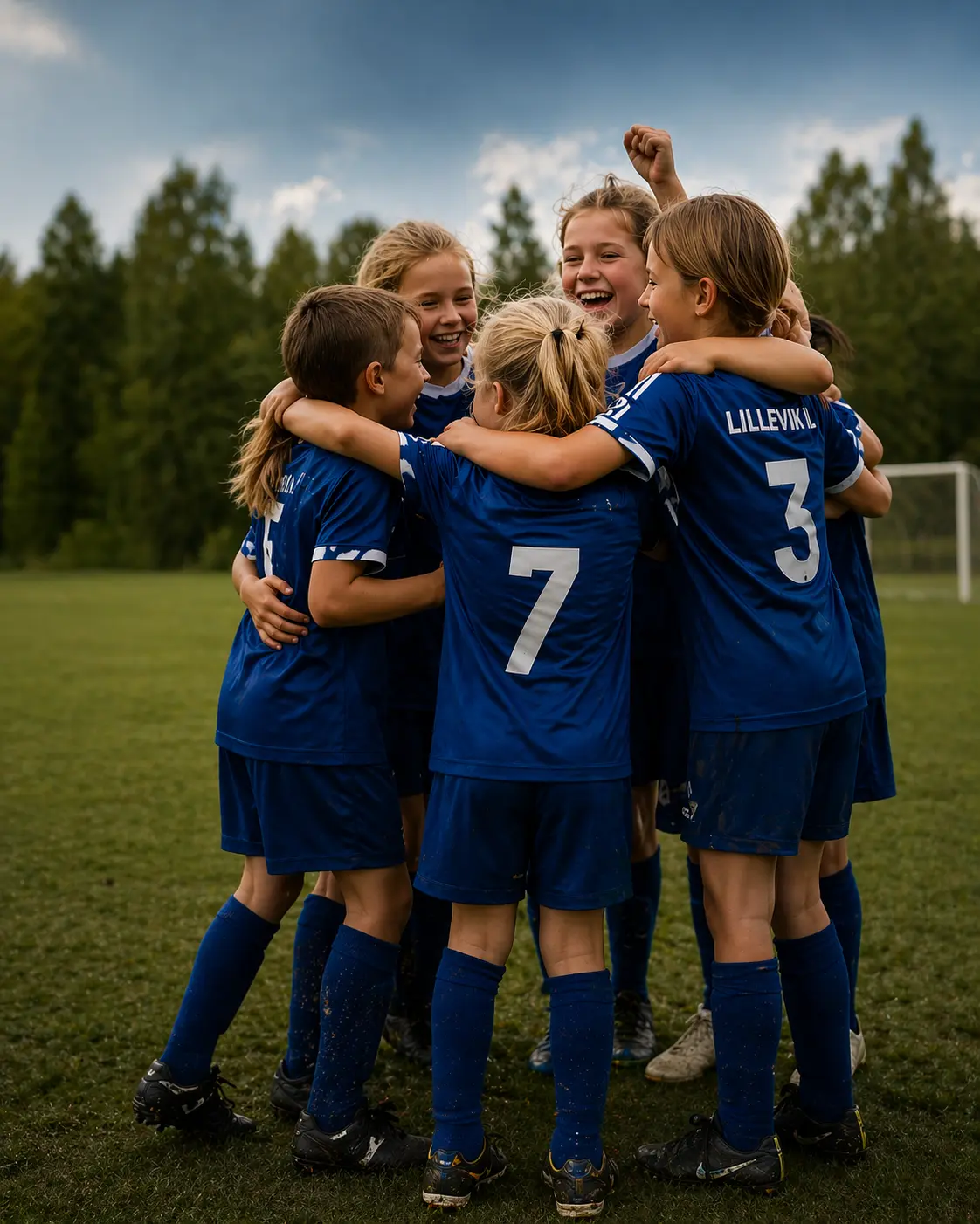 Barn i fotballag som holder omkring hverandre